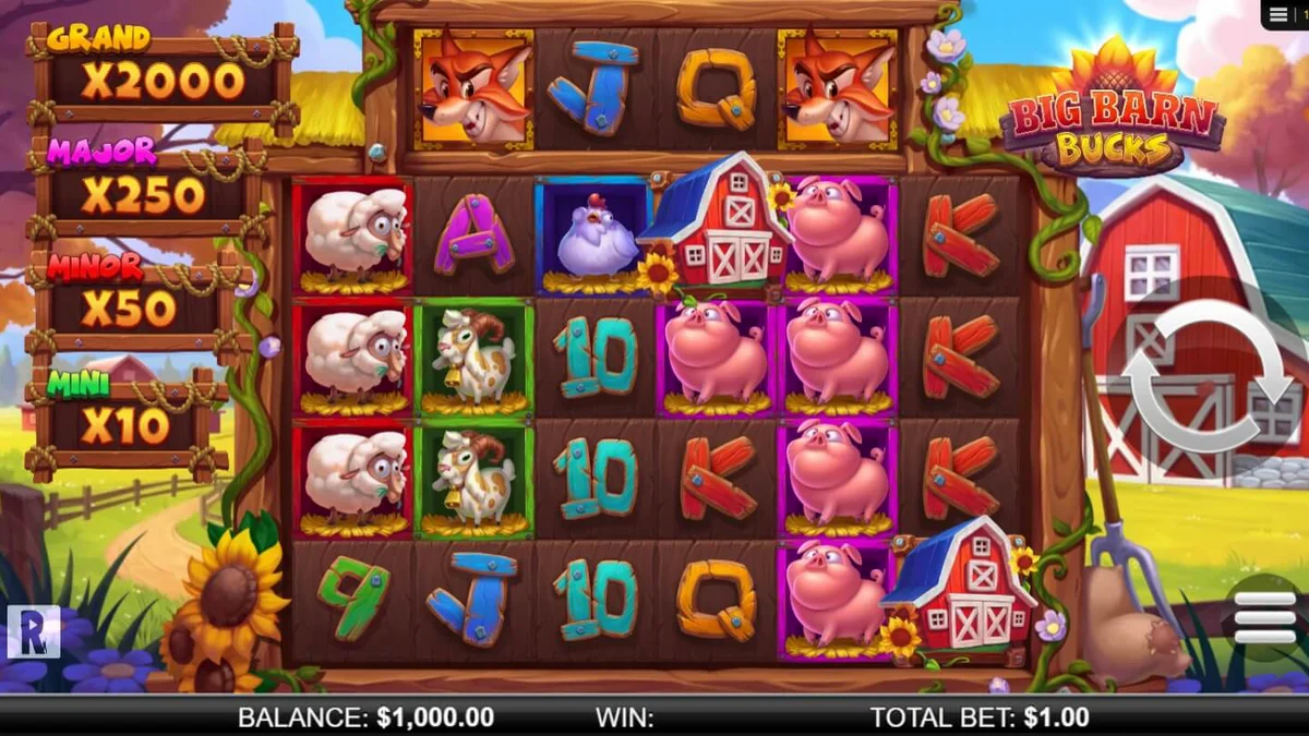 Isang makulay na farm-themed slot game na Big Barn Bucks na may mga hayop at mga simbolo ng ani.