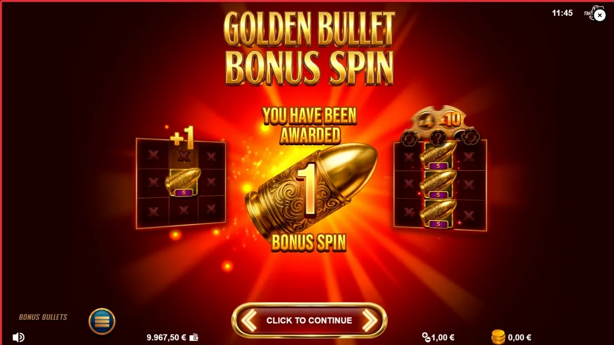 Isang cinematic na visual ng Bonus Bullets slot na nagpapakita ng gintong rebolber at mga simbolo ng casino.
