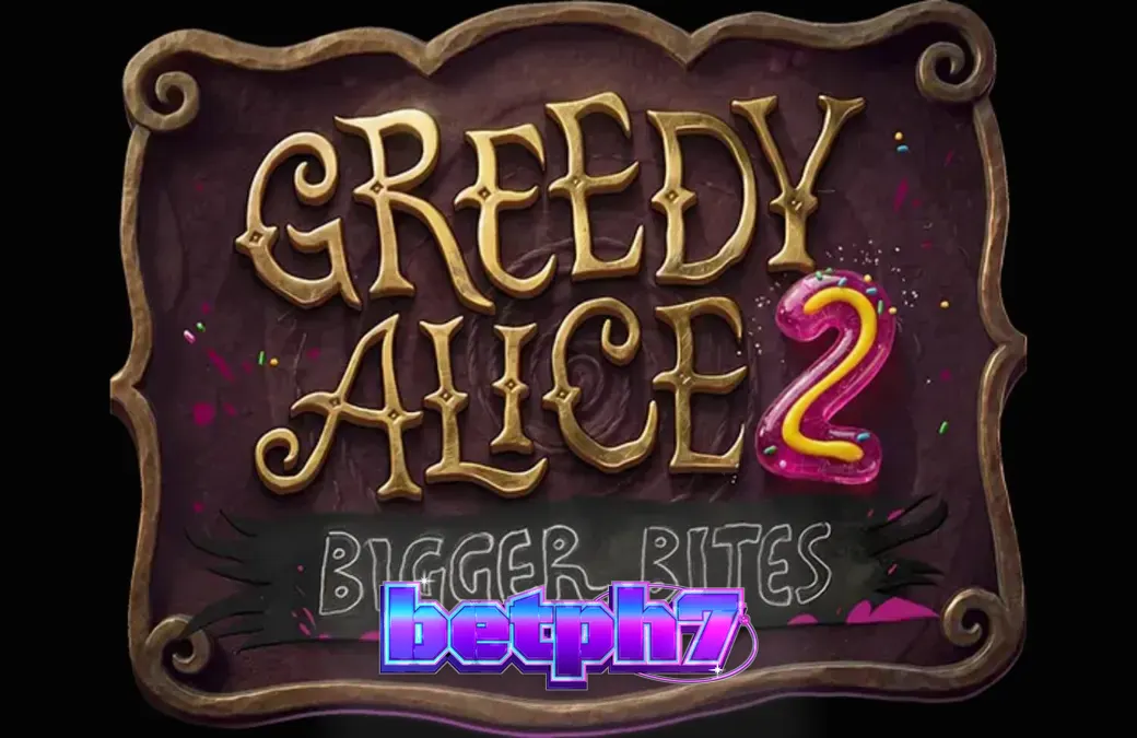Isang mobile phone na nagpapakita ng Greedy Alice 2: Bigger Bites slot game sa isang madilim na steampunk background.